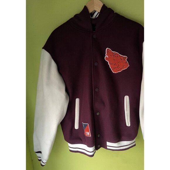 Zara Letterman Jacket Burgundy White Cream Wolf Men’s Jacket Sz Large NWT - Picture 4 of 16